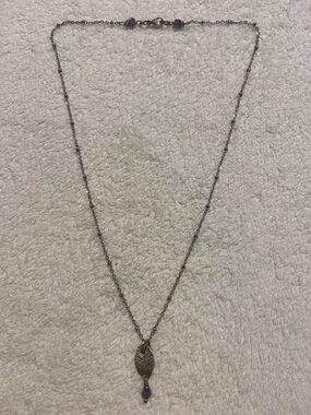 Sterling silver 925 Leaf Pendant Necklace with Amethyst Bead